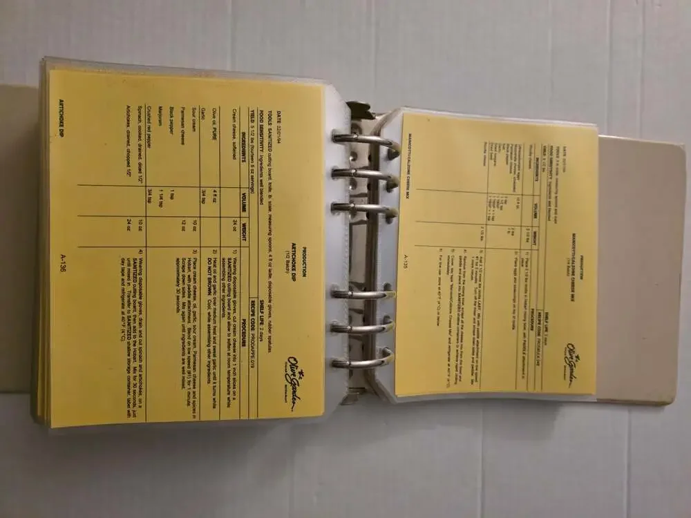 The Olive Garden Office Copy Only Recipe Manual Vintage 1990s  Restaurant Binder